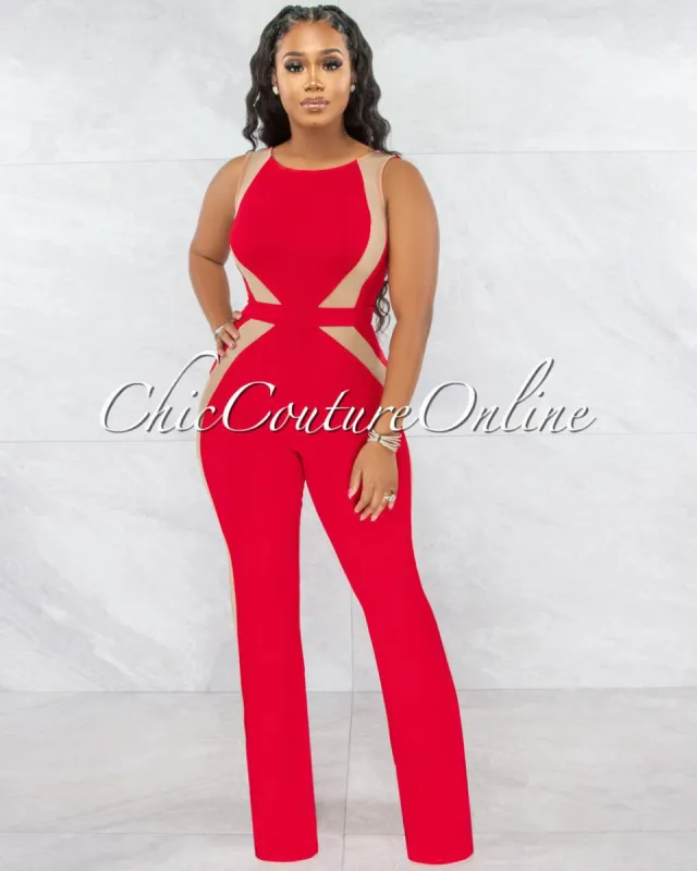 Flags Red Nude Mesh Details Jumpsuit sold by Chic Couture