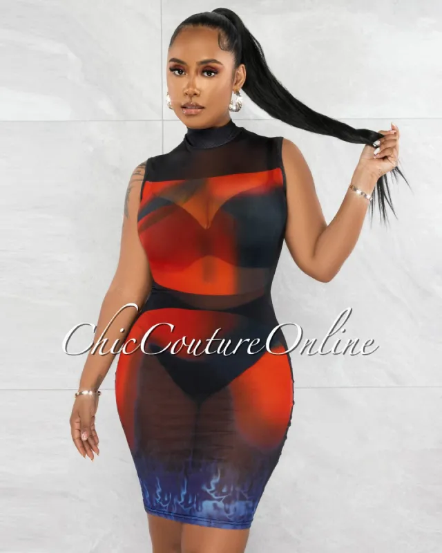 Mella Black Red Body Shape Graphic Mesh Sheer Dress sold by Chic Couture