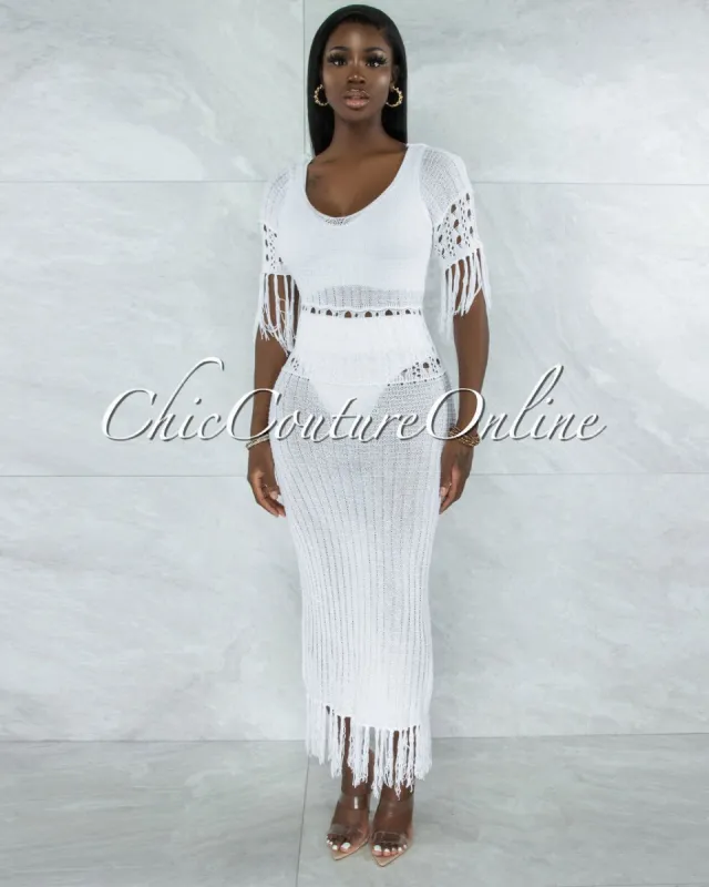 *Casina Off-White Crochet Cover-Up Fringe Maxi Dress sold by chic