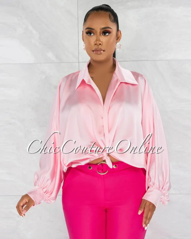 *Pilar Baby Pink Wide Sleeves Silky Blouse sold by Chic Couture