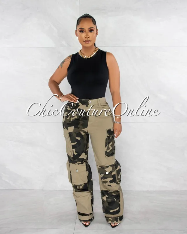 *Adair Olive Green Denim Two-Tone Camo Cargo Jeans sold by Chic Couture