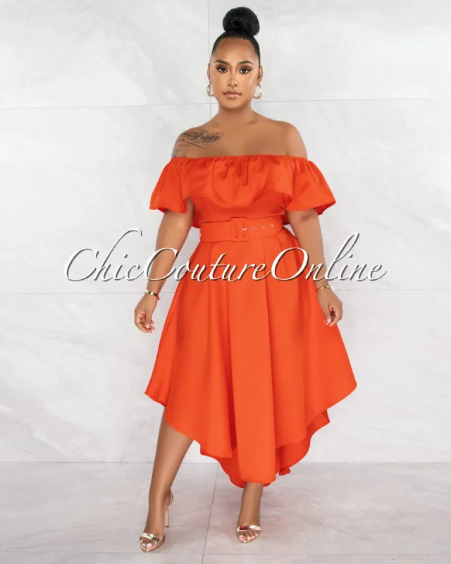 *Bodil Orange Ruffle Neckline Belt Hi-Lo Dress sold by chic