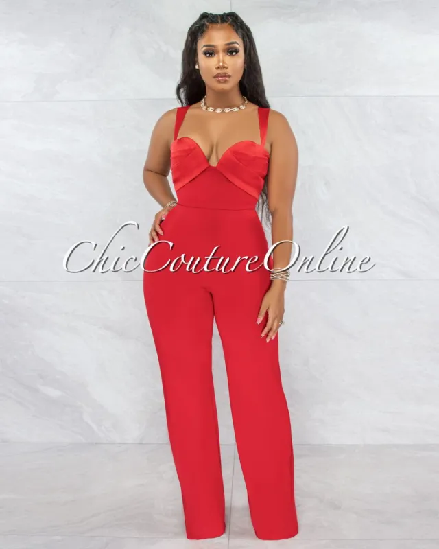 *Avari Red Sweetheart Satin Neckline Jumpsuit sold by chic