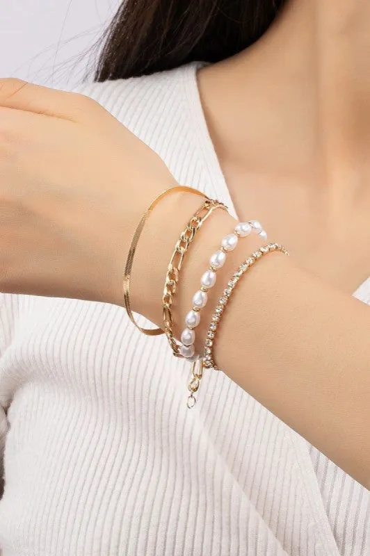 Julianna 4 Bracelets Set Pearl Rhinestone Herringbone Chain sold by Chic Couture