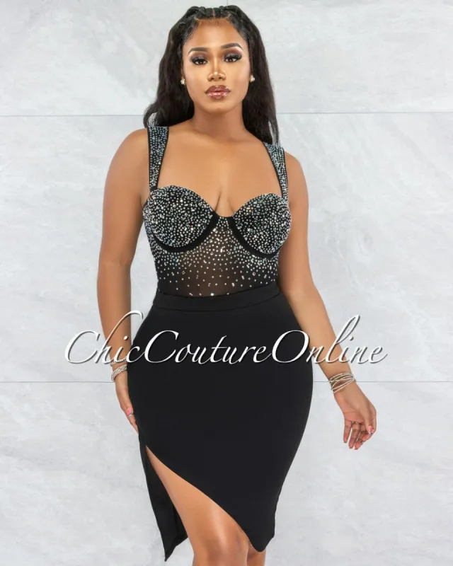 Jacaranda Black Rhinestones Bodysuit & Draped Skirt Set sold by chic