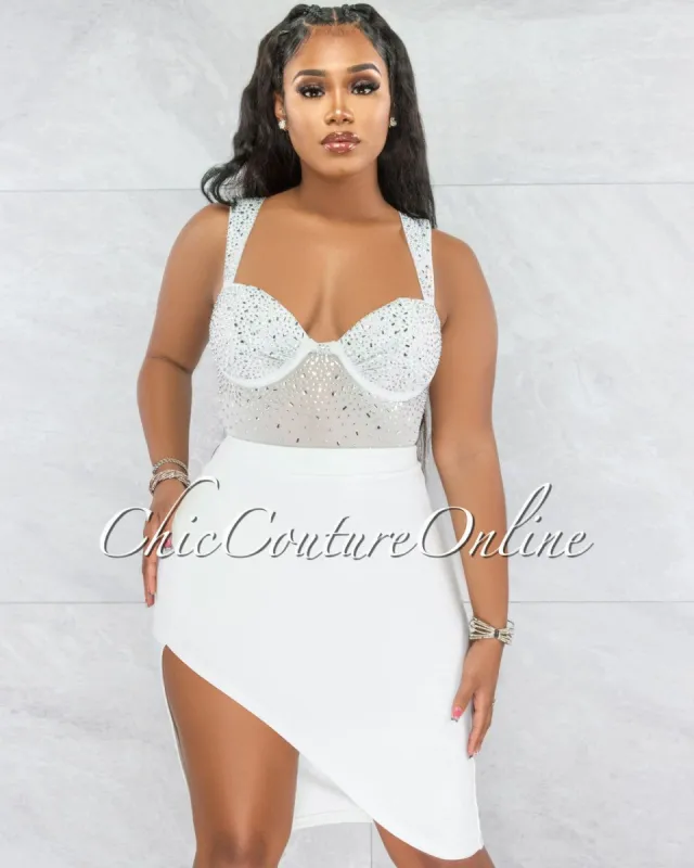 Jacaranda White Rhinestones Bodysuit & Draped Skirt Set sold by chic