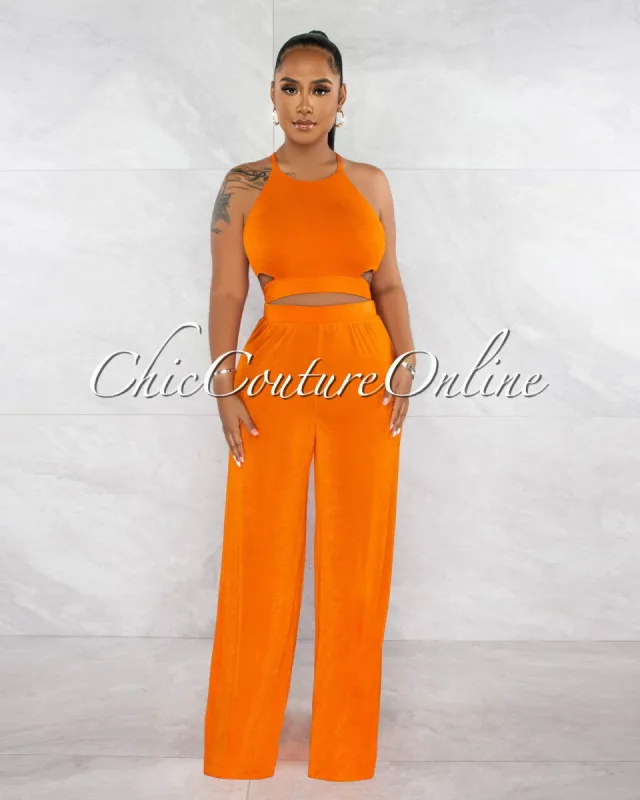 Ramona Orange Multi-Way Tie Crop Top & Wide Pants Set sold by chic