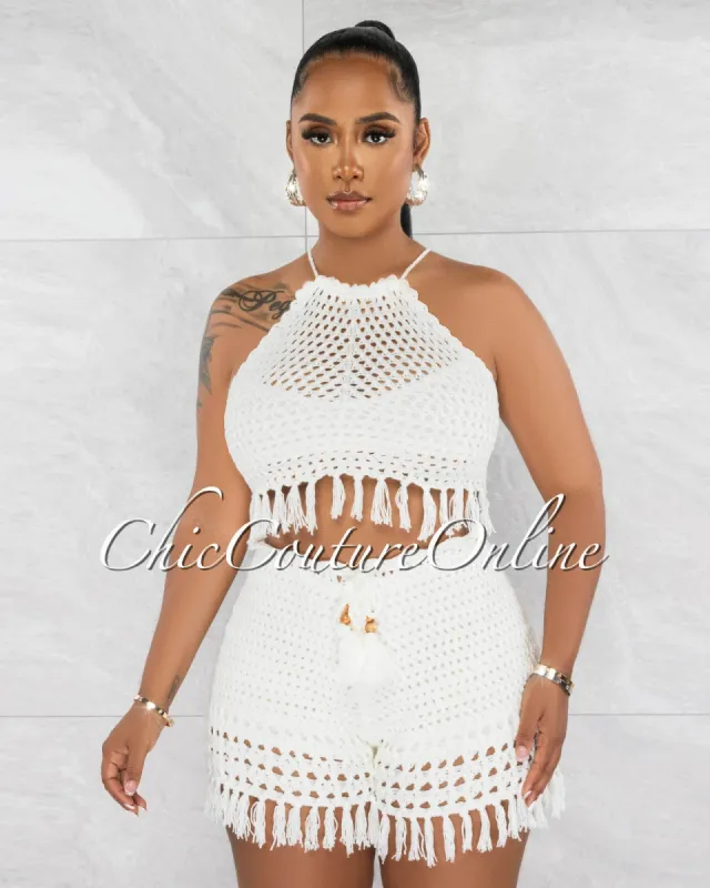 *Debra Off-White Crochet Fringe Crop Top & Shorts Set sold by Chic Couture
