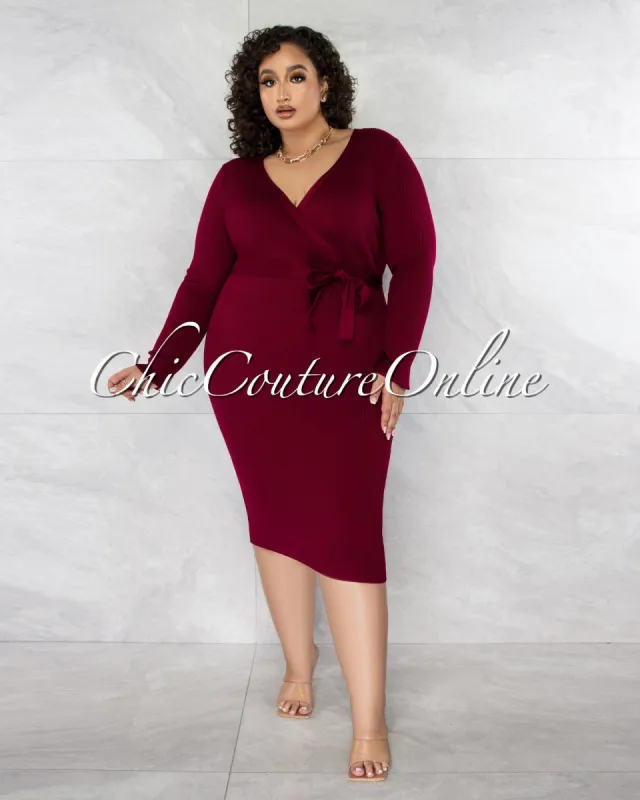*Enrys Burgundy Wrap Style Sweater CURVY Midi Dress sold by Chic Couture