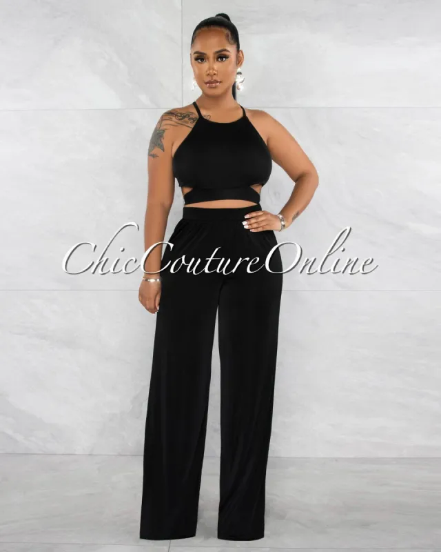 *Ramona Black Multi-Way Tie Crop Top & Wide Pants Set sold by Chic Couture