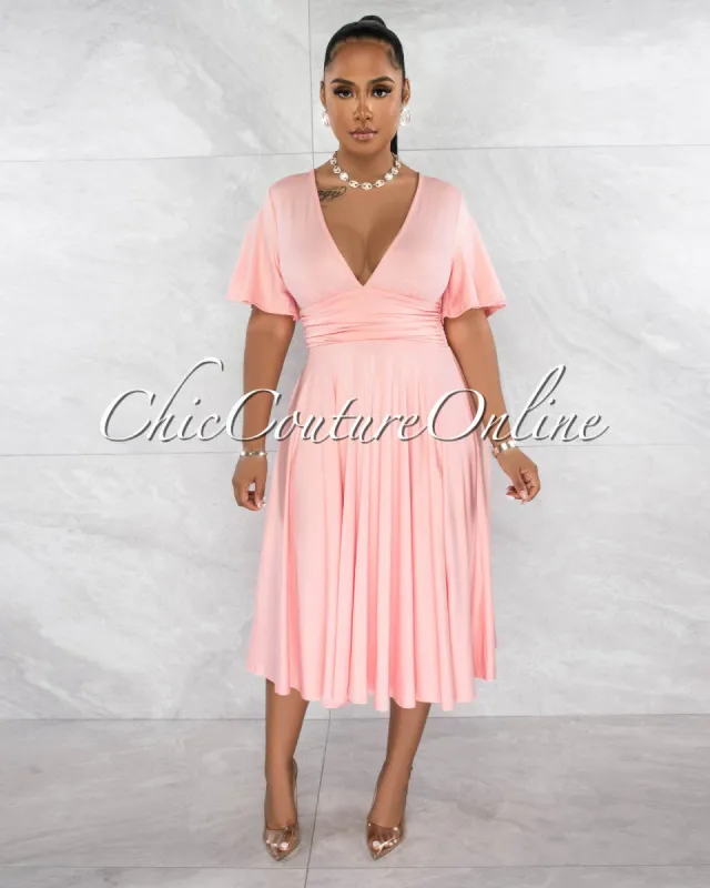 *Naradia Baby Pink Draped Waistband Midi Dress sold by Chic Couture