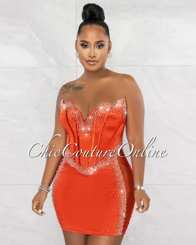 Emporio Red Rhinestones Silky Mesh Sheer Sides Mini Dress sold by chic
