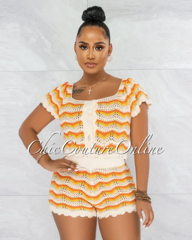*Ferran Ivory Orange Chevron Crochet Top & Shorts Set sold by chic