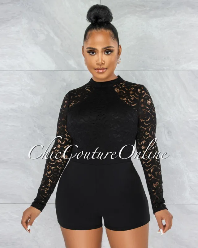 *Lola Black Lace Sheer Sleeves Romper sold by Chic Couture