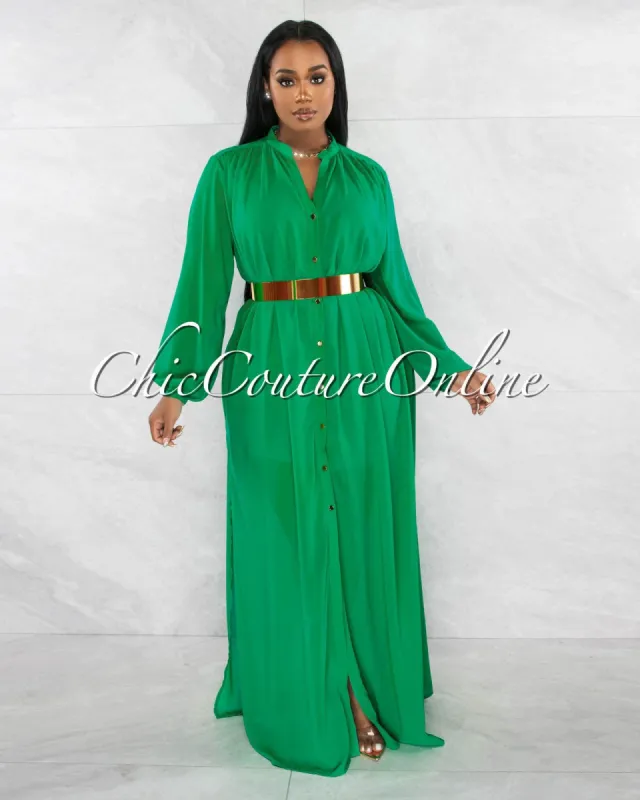 *Drania Kelly Green Gold Buttons Shirt Maxi Dress sold by Chic Couture