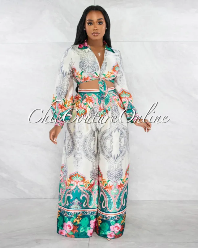 *Boniur Green Multi-Color Print Tie Shirt & Wide Pants Silky Set sold by Chic Couture