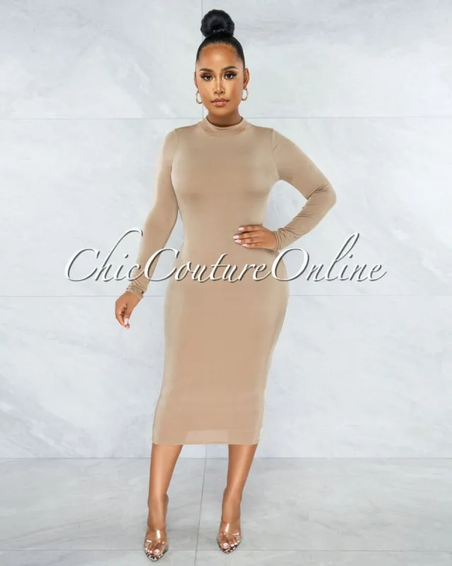 Meda Beige Fitted Midi Dress sold by chic