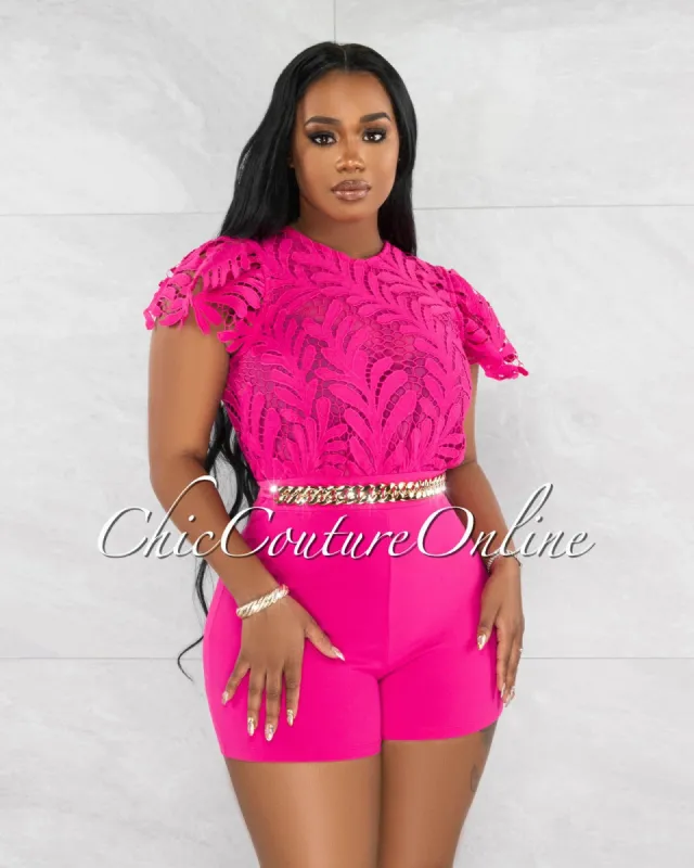 Susana Fuchsia Crochet Top Gold Link Romper sold by Chic Couture