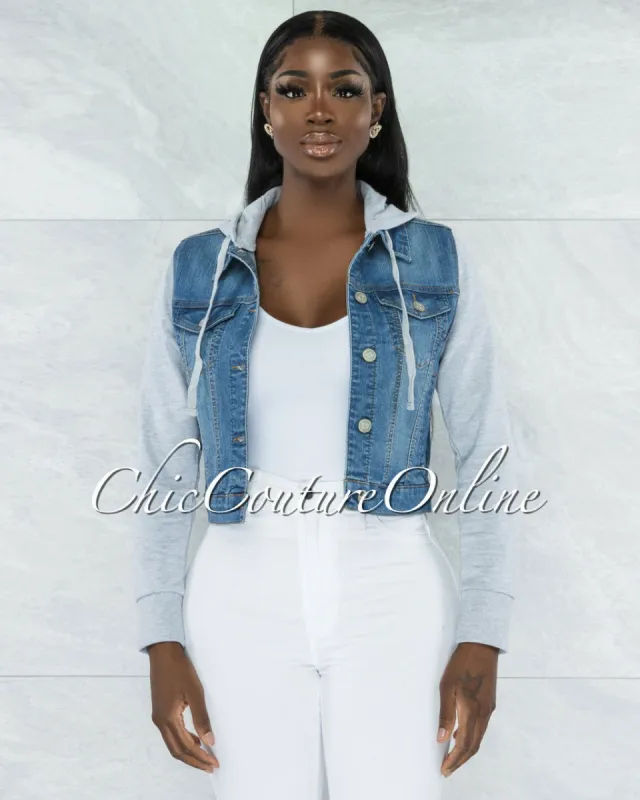 *Shanee Light Denim Grey Sweater Illusion Hooded Jacket sold by chic