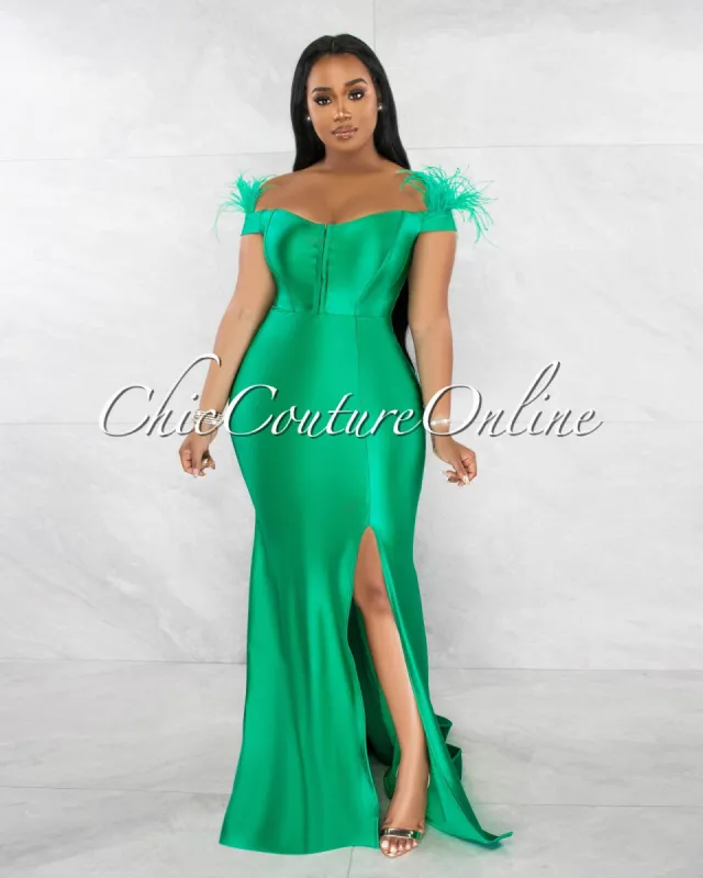 *Leena Green Feather Sleeves Side Slit Mermaid Maxi Dress sold by Chic Couture