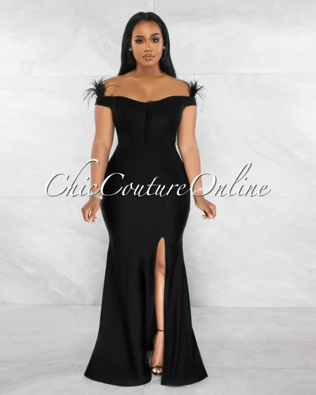 *Leena Black Feather Sleeves Side Slit Mermaid Maxi Dress sold by Chic Couture