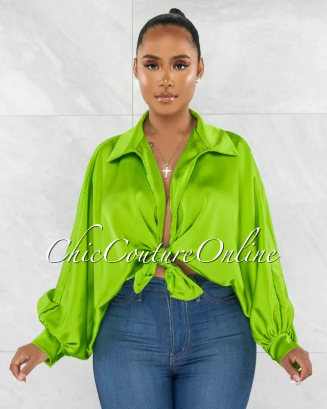 Pilar Green Wide Sleeves Silky Blouse sold by chic