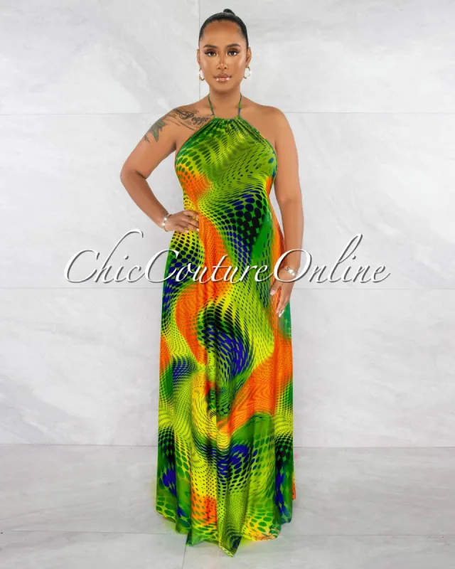 *Celian Orange Green Print Halter Maxi Dress sold by Chic Couture