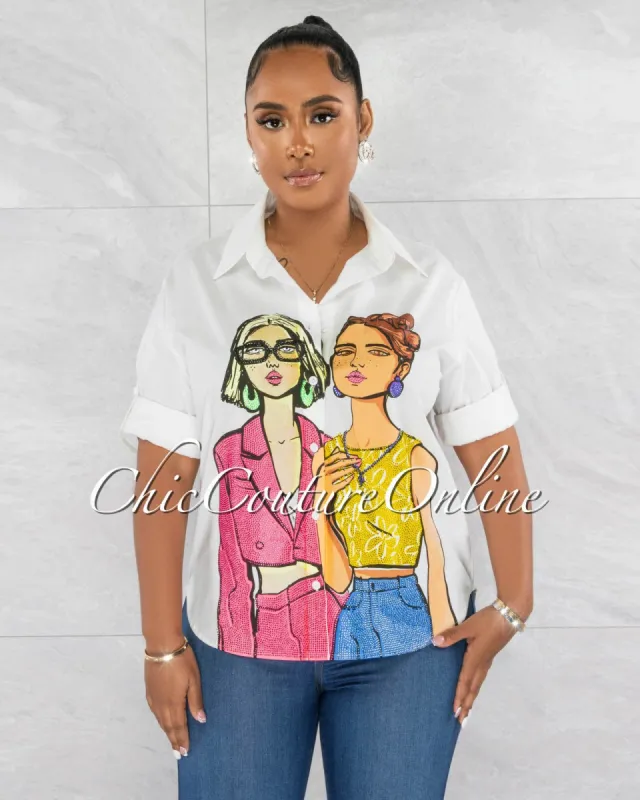 *Cathy Off-White Graphic Rhinestones Detail Over-Sized Shirt sold by Chic Couture