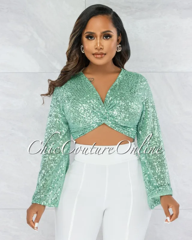 *Winder Mint Green Sequin Front Knot Crop Top sold by Chic Couture
