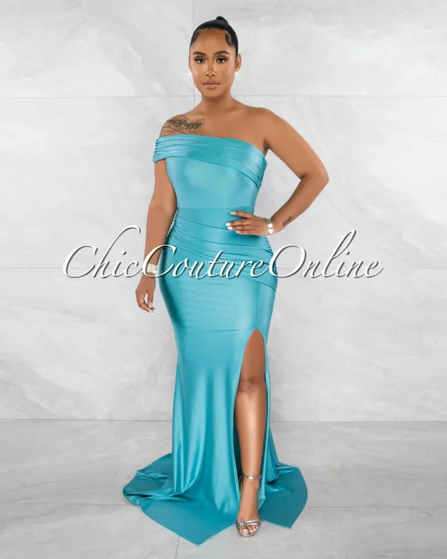 Hender Turquoise Drape Single Shoulder Side Slit Maxi Dress sold by Chic Couture