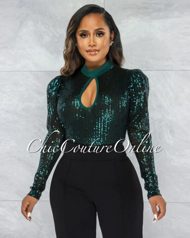 Sentida Black Teal Sequins Key-Hole Bust Bodysuit sold by Chic Couture