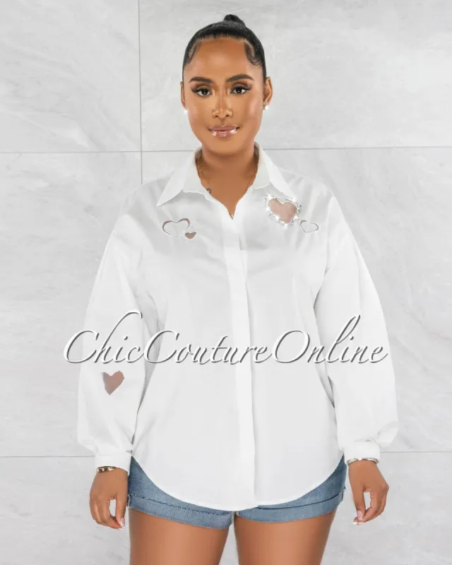 Morena Off-White Heart Rhinestones Detail Over-Sized Shirt sold by chic