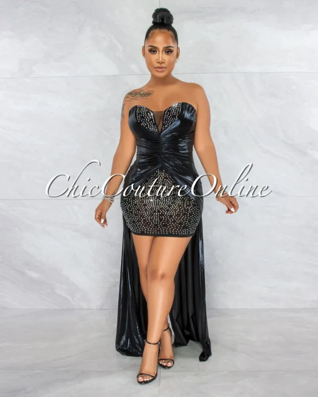 Damian Black Rhinestones Shine Bodysuit Hi-Lo Dress sold by chic