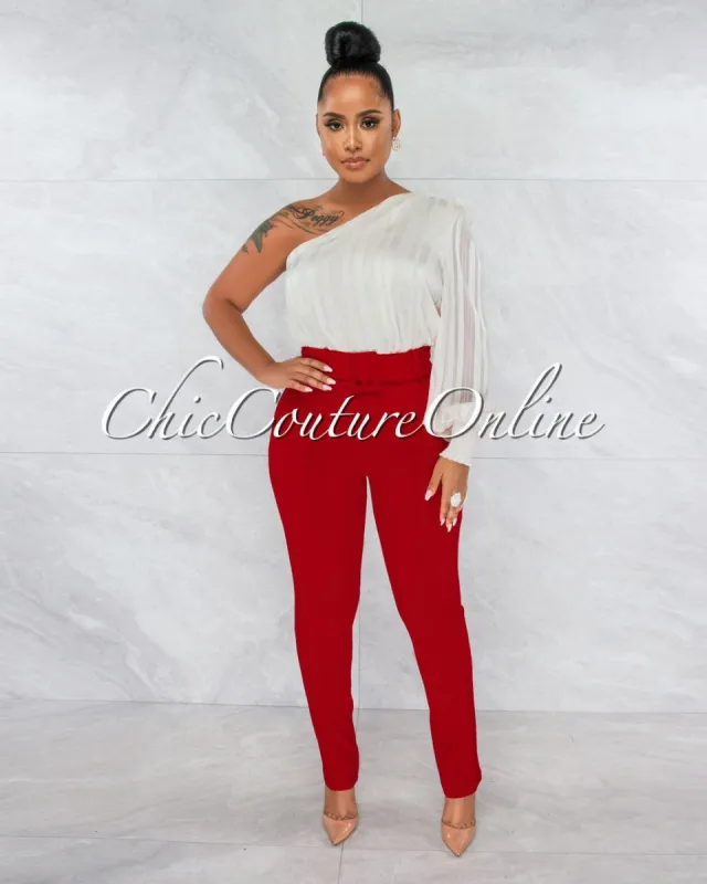 *Danna Red High-Waist Belt Pants sold by Chic Couture
