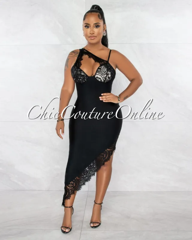 Cyrus Black Lace Accent Asymmetrical Bandage Midi Dress sold by chic