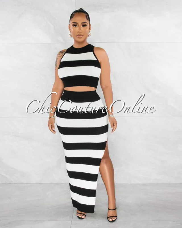 Belgrave Black White Crop Top & Maxi Skirt Knit Set sold by chic