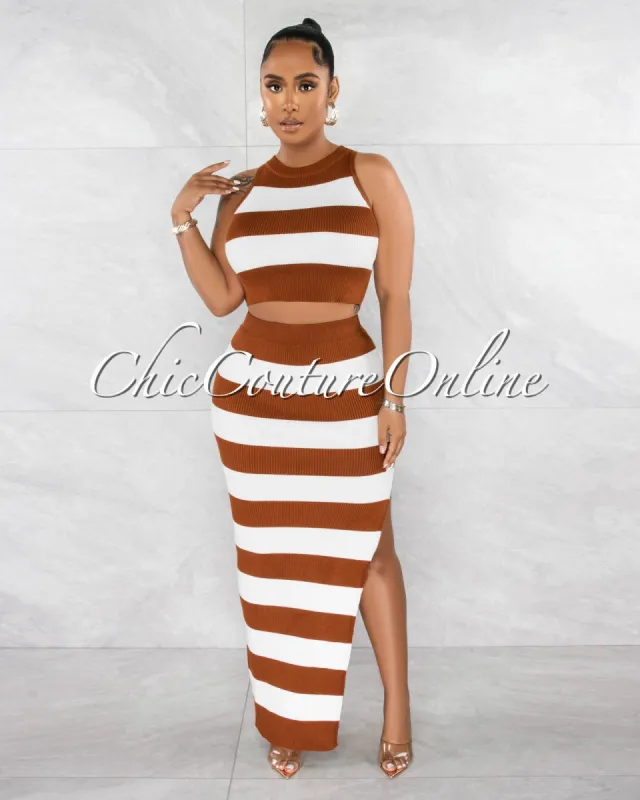 Belgrave Brown White Crop Top & Maxi Skirt Knit Set sold by chic