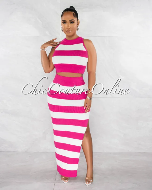 Belgrave Fuchsia White Crop Top & Maxi Skirt Knit Set sold by chic