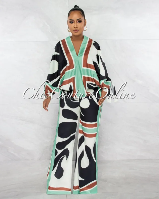 *Johnson Multi-Color Print Kimono Shirt & Wide Pants Silky Set sold by Chic Couture