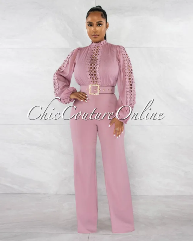*Taima Mauve Crochet Shimmer Top Gold Buckle Belt Jumpsuit sold by Chic Couture