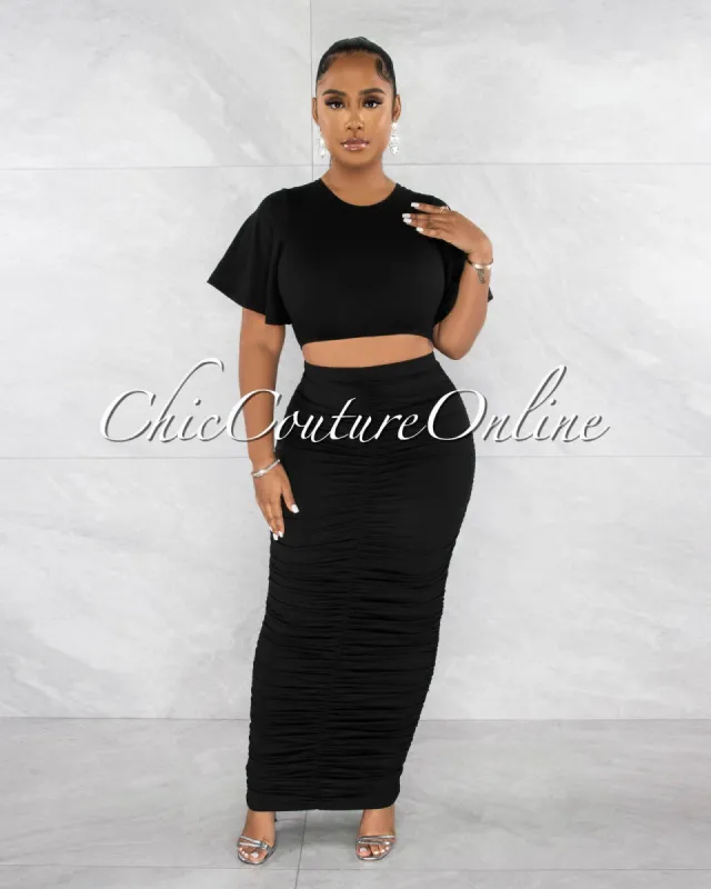*Pharia Black Crop Top & Ruched Maxi Skirt Set sold by Chic Couture