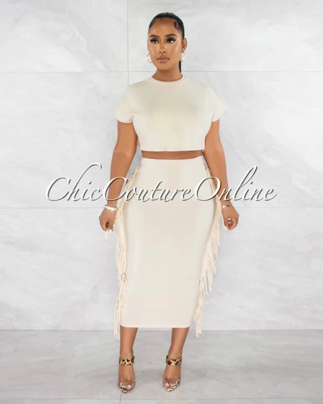 Vienna Cream Crop Top & Tassels Midi Skirt Set sold by chic