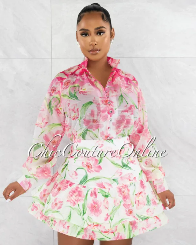 *Florenza Pink Floral Print Sheer Shirt & Ruffle Statement Mini Skirt Set sold by Chic Couture