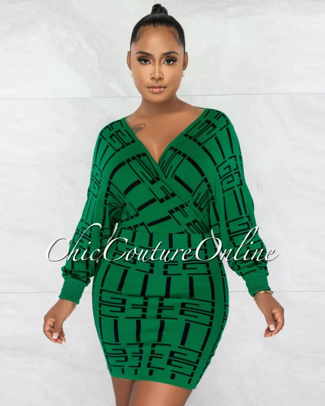 Carusa Green Black Print Knit Wrap Sweater Dress sold by chic