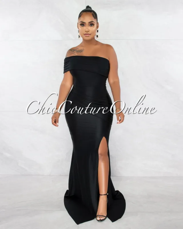 Hender Black Drape Single Shoulder Side Slit Maxi Dress sold by Chic Couture
