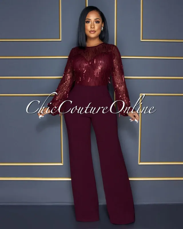 Alfieri Wine Red Mesh Sequins Fringe Top Jumpsuit sold by Chic Couture