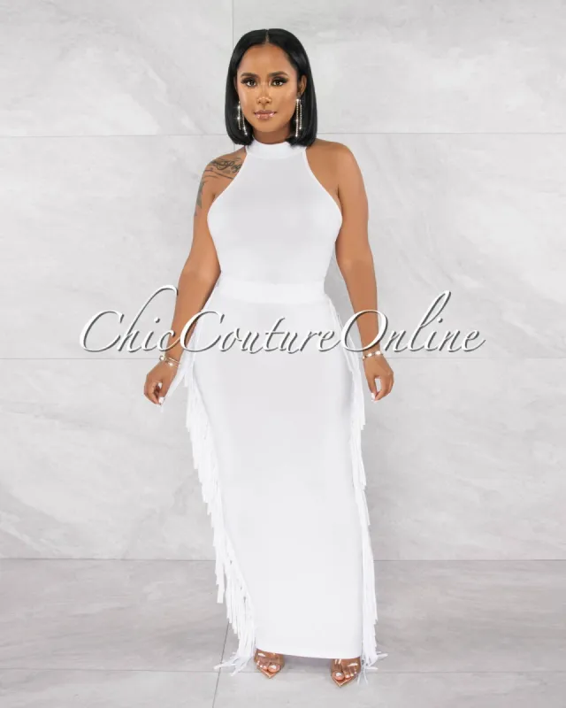 *Rommey White Crop Top & Tassels Pencil Maxi Skirt Set sold by chic