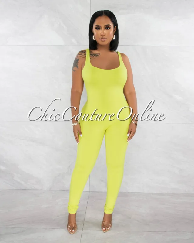 Deval Lime Double Lined Low Back Jumpsuit sold by Chic Couture