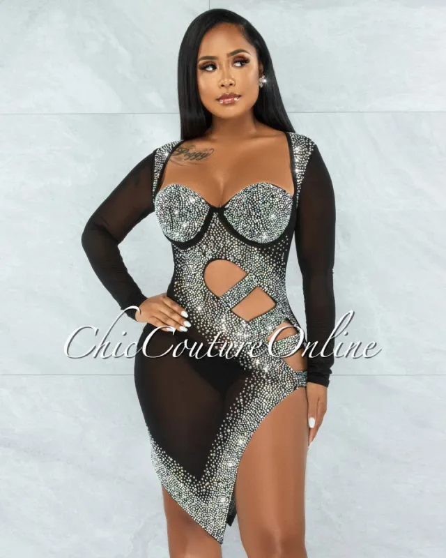 *Damaris Black Rhinestones Mesh Cut Out Dress sold by chic