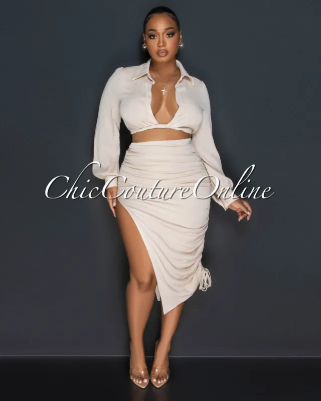 Hanson Nude Crop Top & Ruched Midi Skirt Set sold by Chic Couture